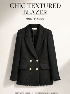 Mango Black Textured Double-Breasted Blazer with Gold Buttons
